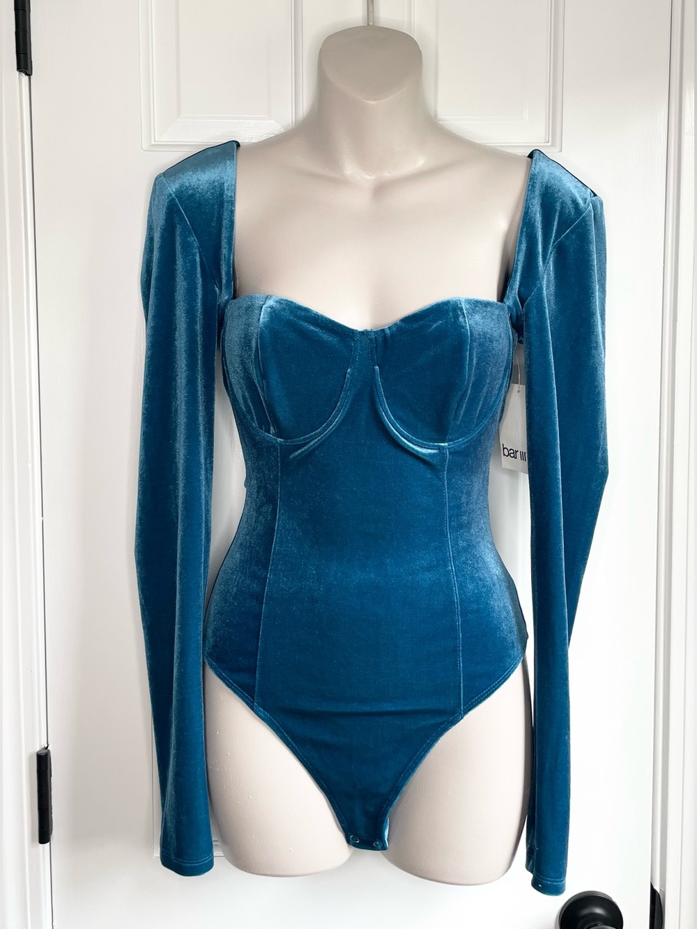 Bar III Teal Velvet Long-Sleeve Bustier Bodysuit